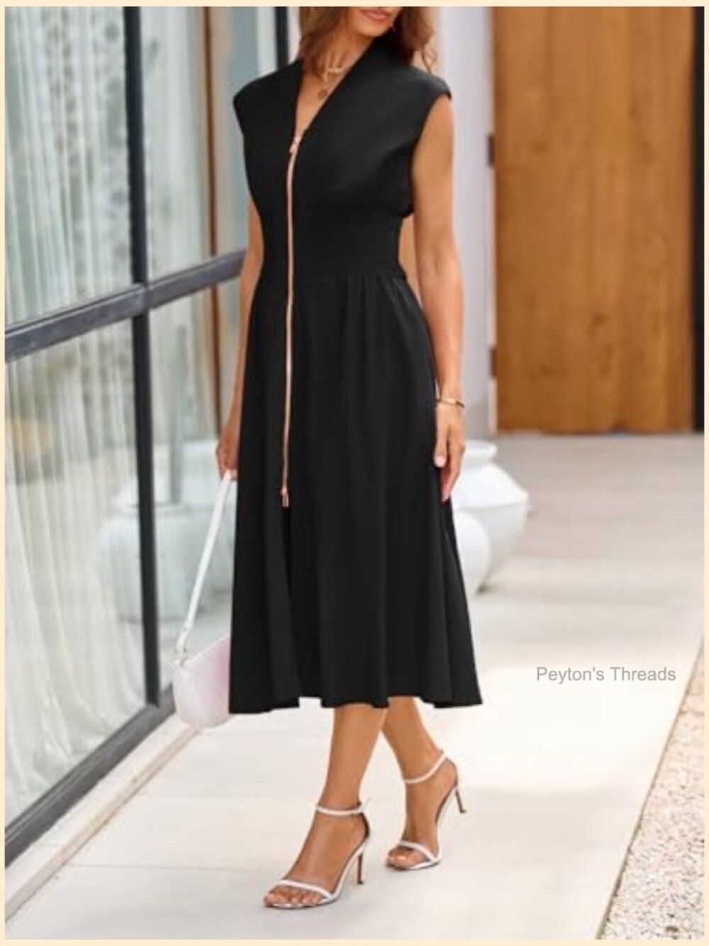 Smocked Midi Dress V Neck Cap Sleeve High Slit Flowy Casual Zipper Dress - Picture 3 of 7